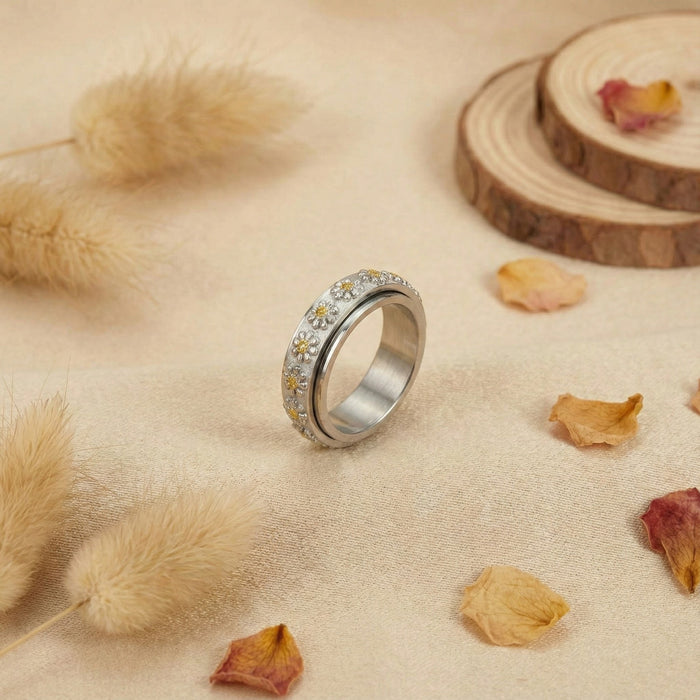 Wholesale Rotatable Gold Ring with 3D Plum Blossom Relief