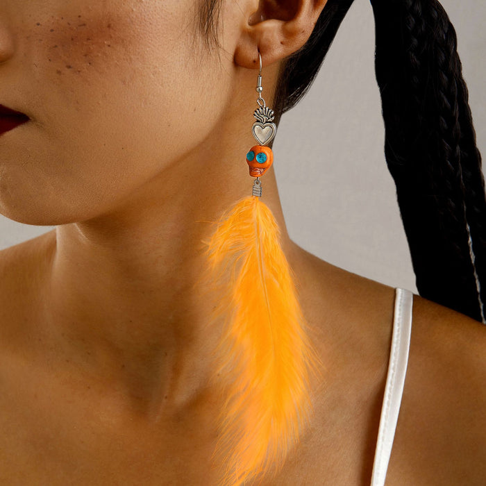 Wholesale Orange Feather Earrings Skull Pumpkin Design Jewelry Accessory MOQ≥2