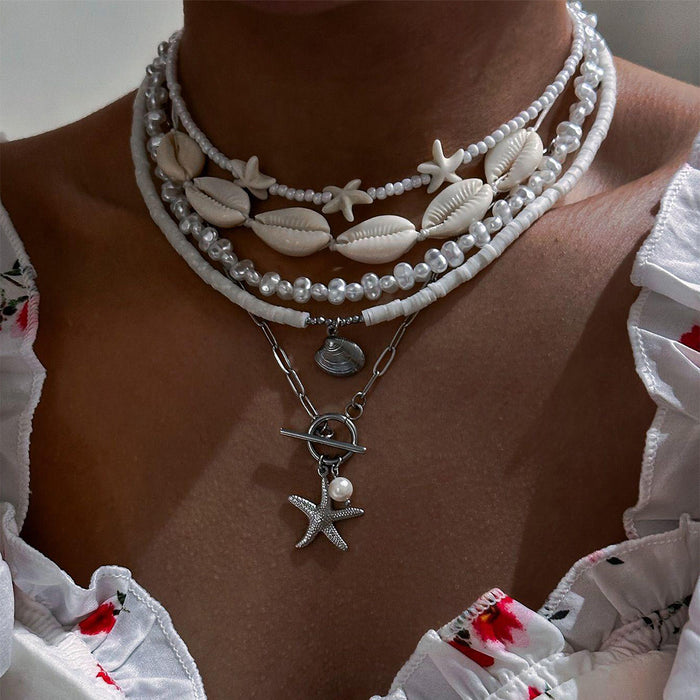 Wholesale Imitation Pearl Shell Starfish Necklace Set Stacked Clavicle Chain