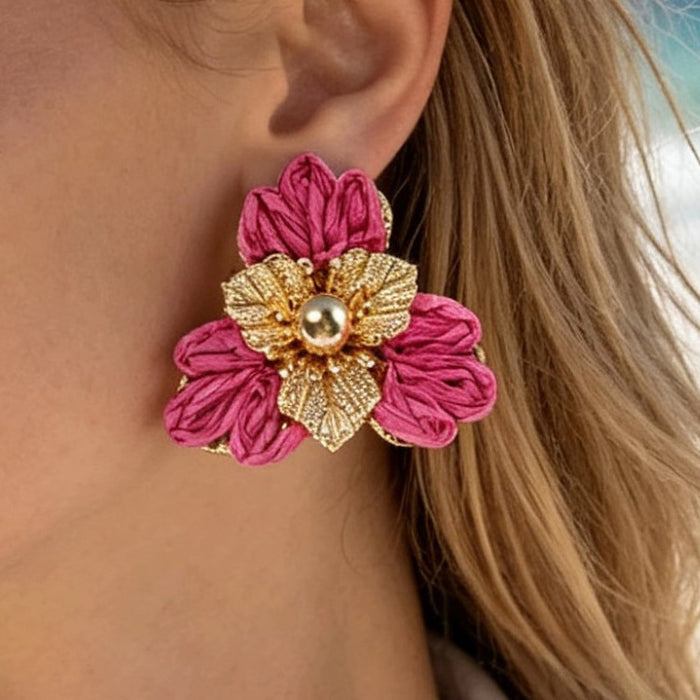 Wholesale Vacation Style Handmade Raffia Flower Earrings Red Jewelry Accessory MOQ≥5
