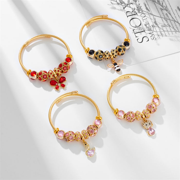 Wholesale Fashion Rhinestone Lucky Cat Butterfly Pendant Bracelet  Stainless Steel Women's Jewelry,  Boutique Resale