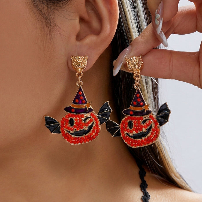 Wholesale Dark Drip Oil Rhinestone Earrings Skull Pumpkin Bat Design Alloy Party Wear