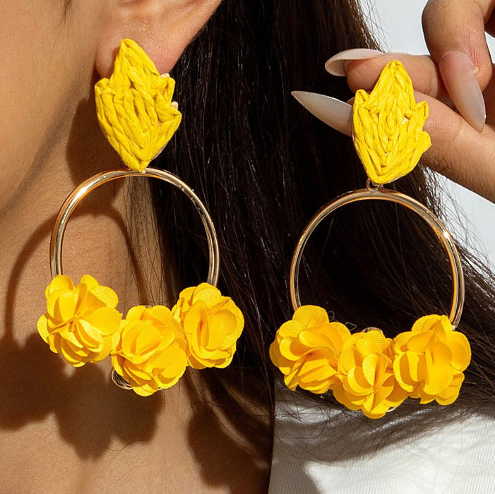 Wholesale Raffia Flower Earrings - Chic Yellow Summer Style Jewelry Accessory for Resale MOQ≥5