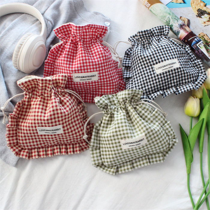 Wholesale Stylish Pink Plaid Drawstring Pouch With Lace Trim Multipurpose Travel Storage Bag For Makeup Brushes Fashion Accessory For Boutique Resale