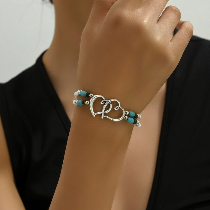 Wholesale Beach Vacation Style Double Heart Beaded Jewelry Set Alloy Necklace and Bracelet MOQ≥2