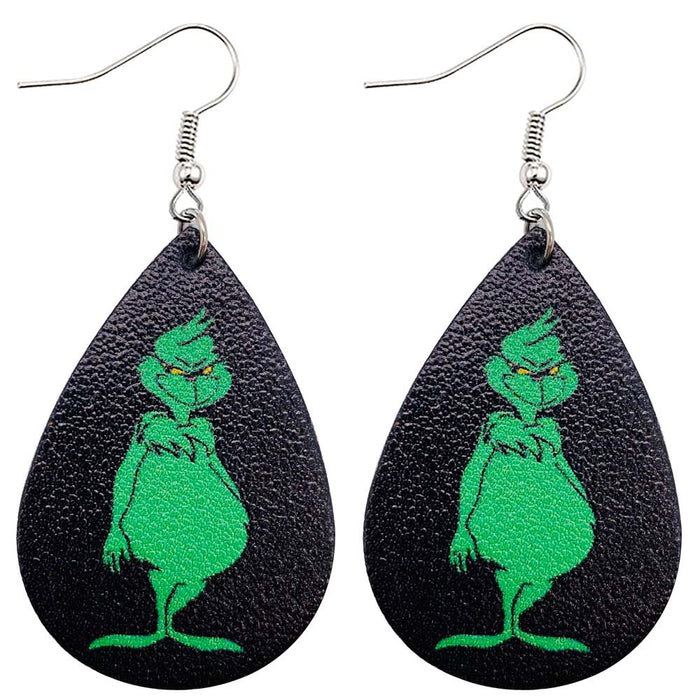 Wholesale Christmas Green Frog Leather Earrings Water Drop Shaped Double Sided Printed Earrings Festival Accessories JDC-ES-YaChen004