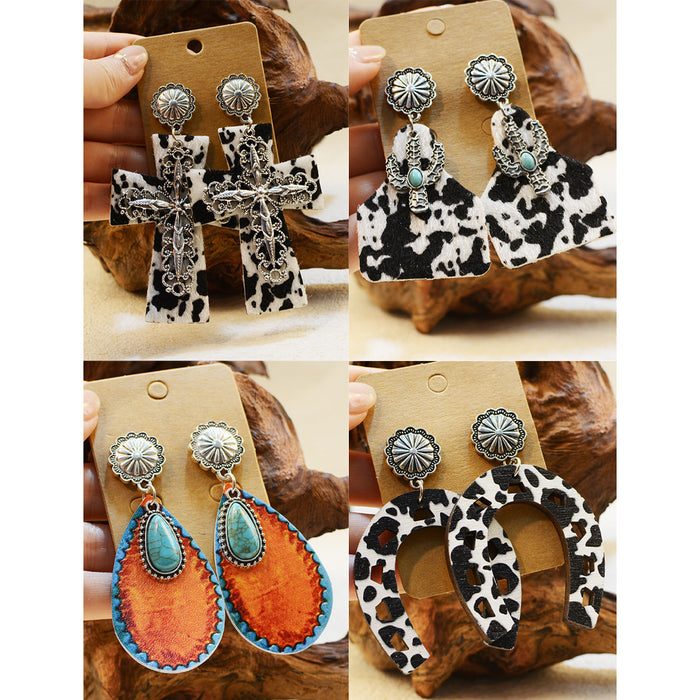 Wholesale Western Style Cow Pattern Turquoise Alloy Horseshoe Leopard Print Cross Earrings JDC-ES-ChenC012