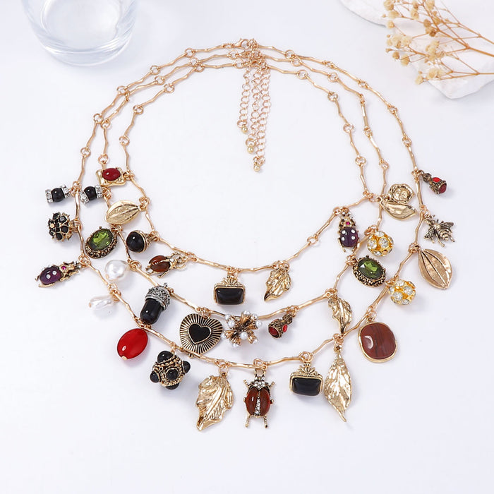 Wholesale Multi-layered Wear Design Retro Pendant Insect Leaf Love Geometry Necklace