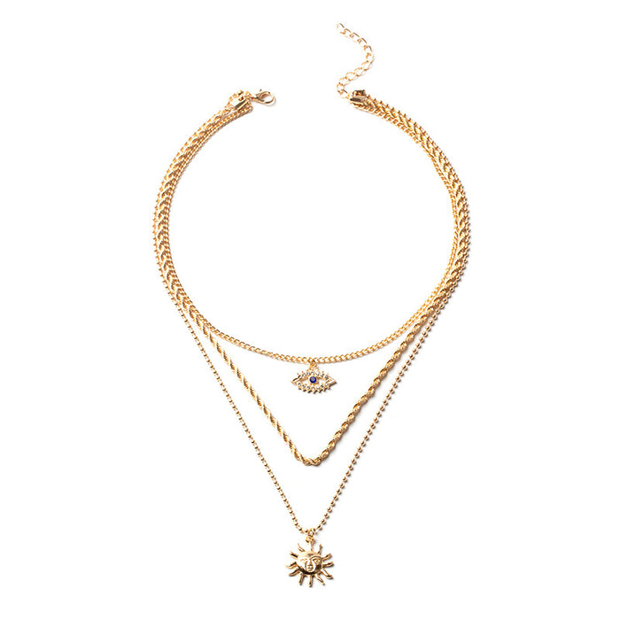 Wholesale Personalized Devil's Eye Sun Pendant Multi layer Electroplated Alloy Necklace