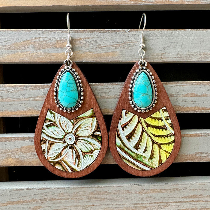 Wholesale Western genuine leather earrings classic horse hair leopard embossed cowhide water drop vintage earrings