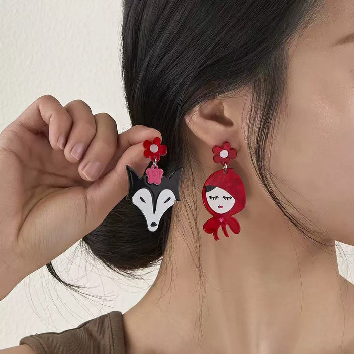 Wholesale Acrylic Cartoon Asymmetric Earrings Big Bad Wolf Little Red Riding Hood Fashion Accessory