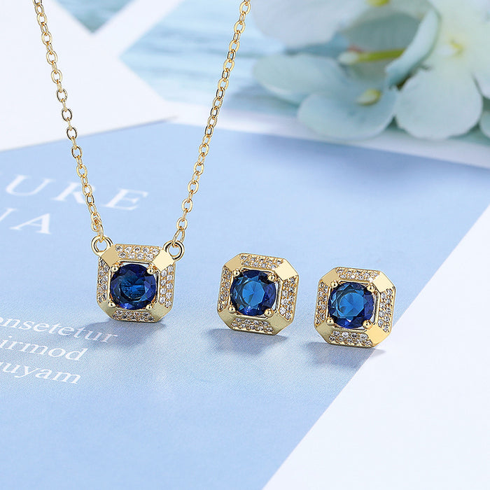 Wholesale Zircon necklace earring set, fashionable square pendant, collarbone chain
