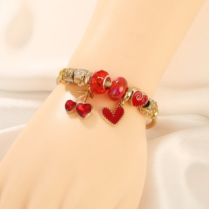 Wholesale Sweet Cherry Heart Bead Bracelet Women' s Stainless Steel Adjustable MOQ≥2