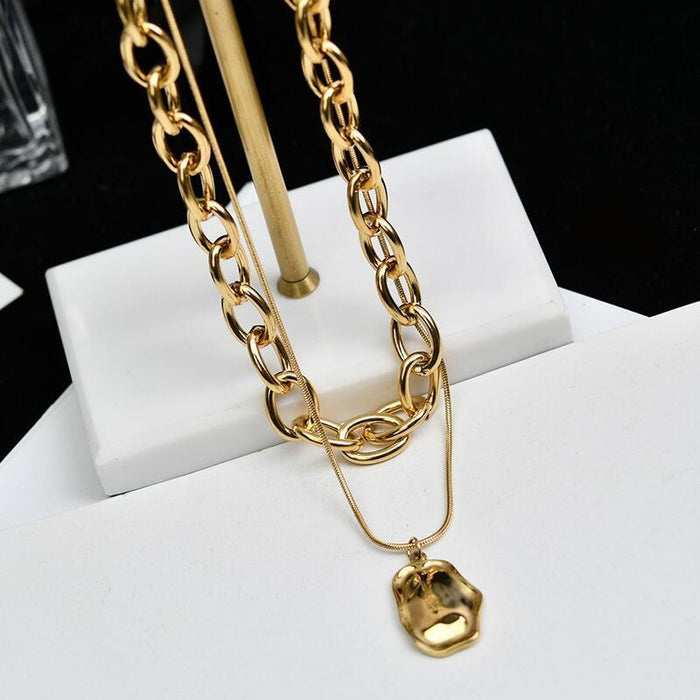 Wholesale Irregular pendant, double-layer titanium steel thick necklace, women's niche design, sweater chain