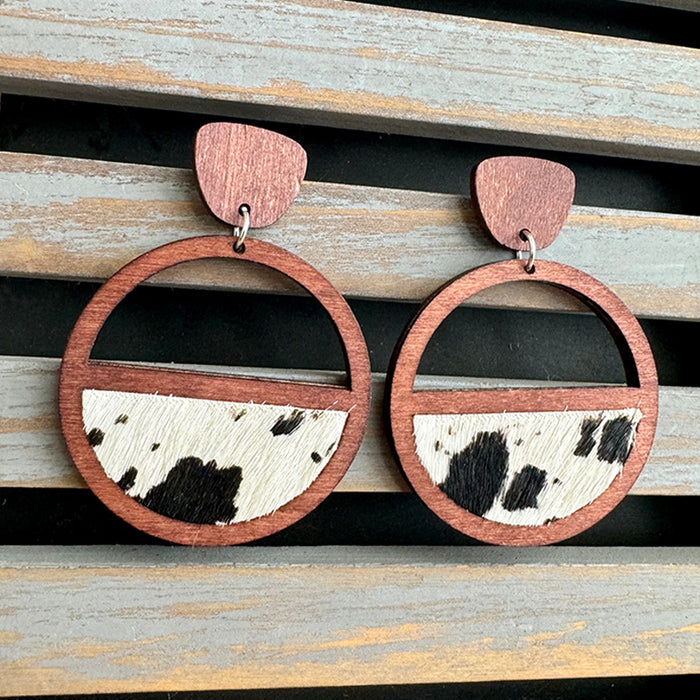 Wholesale Western genuine leather earrings geometric ing hollow inlaid leopard print classic exaggerated earrings