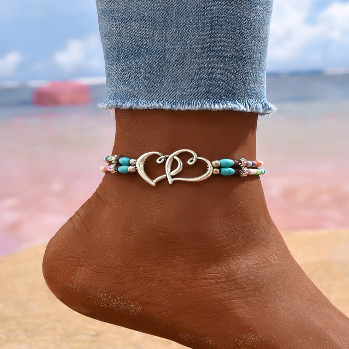 Wholesale Beach Vacation Style Double Heart Beaded Jewelry Set Alloy Necklace and Bracelet MOQ≥2