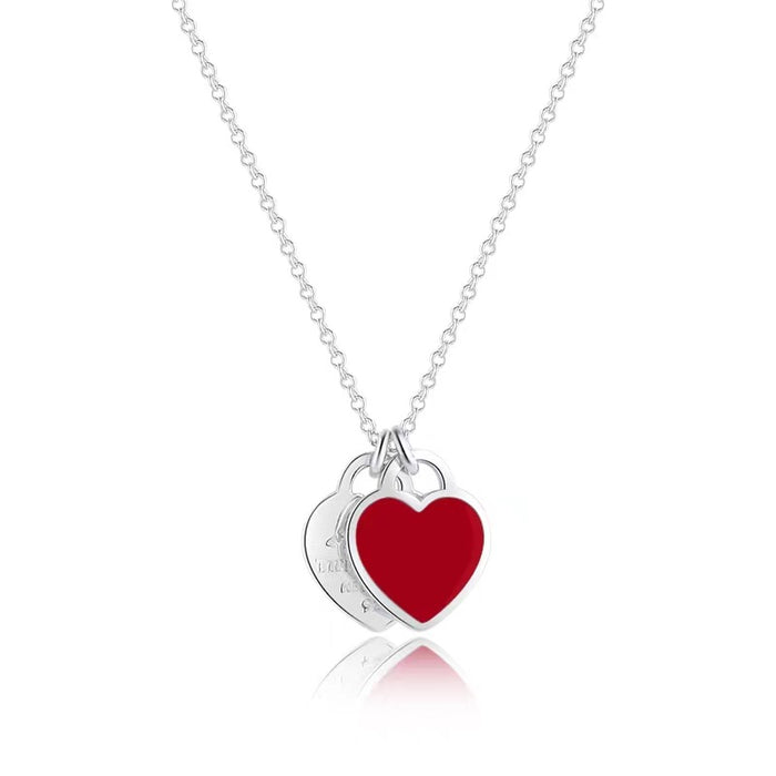 Wholesale Heart Necklace Sterling Silver Red Heart Dripping Oil Enamel Blue Clavicle Chain Double Heart-Shaped Pendant