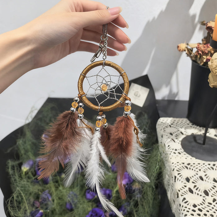 Wholesale Handmade Red Feather Dreamcatcher Keychain Nordic Style Couple Gift