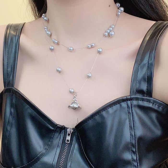 Wholesale Original gray pearl spaceship pendant necklace with multiple layers of stacked collarbone chains, high-end design and necklaces