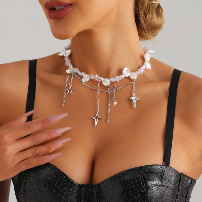 Wholesale Cross star diamond imitation pearl necklace fashionable personality stacking temperament high-end clavicle chain necklace