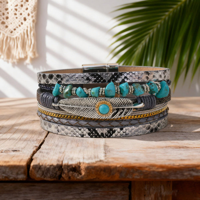 Wholesale Leather Bohemian Turquoise Bracelet with Leopard Print