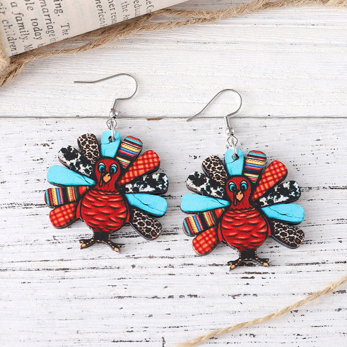 Wholesale Thanksgiving Leopard Print Turkey Pendant Earrings Wooden Double-Sided Autumn Harvest Thanksgiving Party Earrings