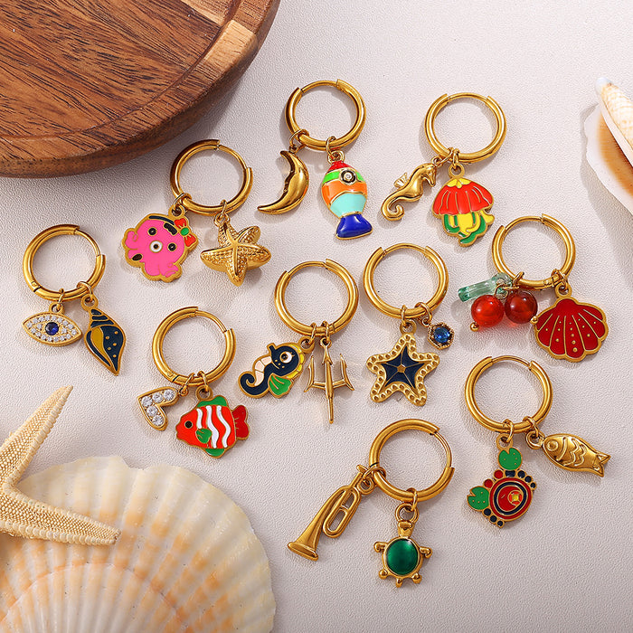 Wholesale Ocean Wind Oil Drop Octopus Turtle Pendant Earrings Stainless Steel Plated Cute Earrings