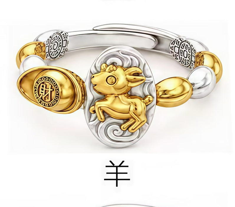 Wholesale Chinese Zodiac Rat Adjustable Open Ring Seven Grain Retro Gold Plated Copper Unisex Jewelry Boutique Resale Gift
