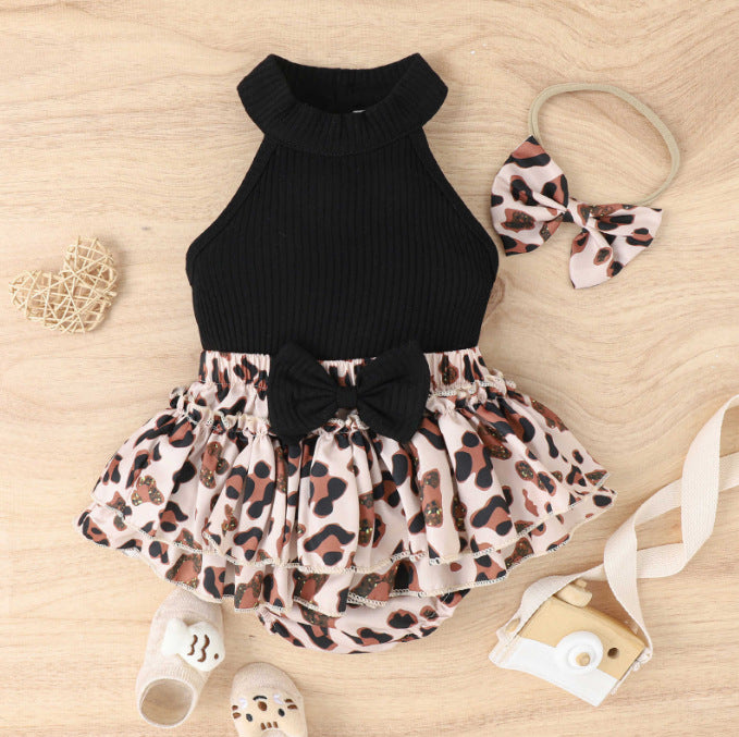 Wholesale three-piece romper suit baby leopard print butterfly skirt bag pants suit