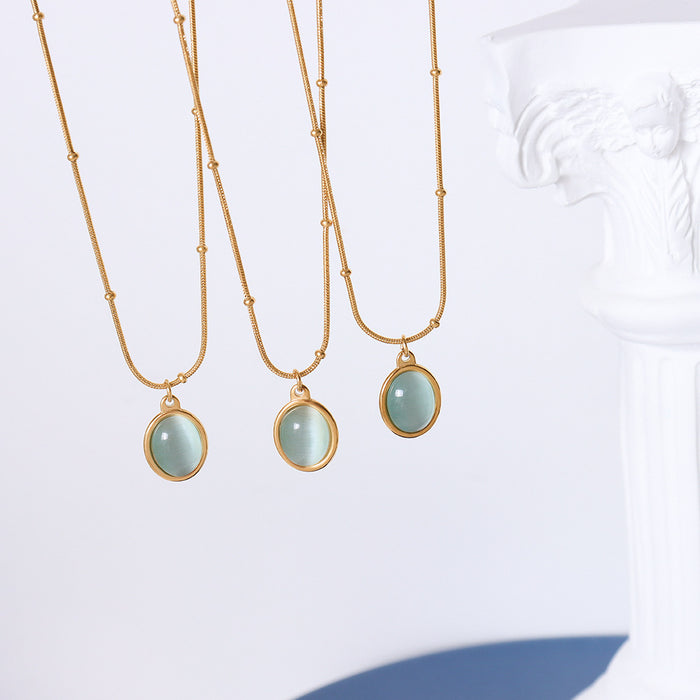 Wholesale French Vintage Cat Eye Oval Pendant Necklace 18K Gold Plated Titanium Steel Women S Everyday Jewelry