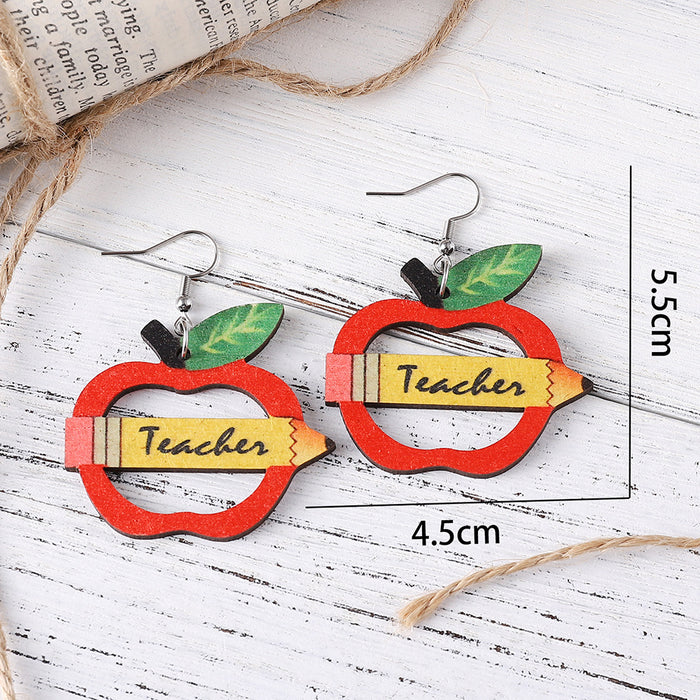Wholesale Personalized pencil apple teacher drop earrings graduation back to school season teacher double-sided wooden earrings