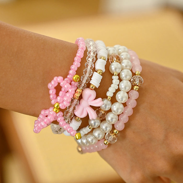 Wholesale Bohemian style pink beaded heart bow bracelet