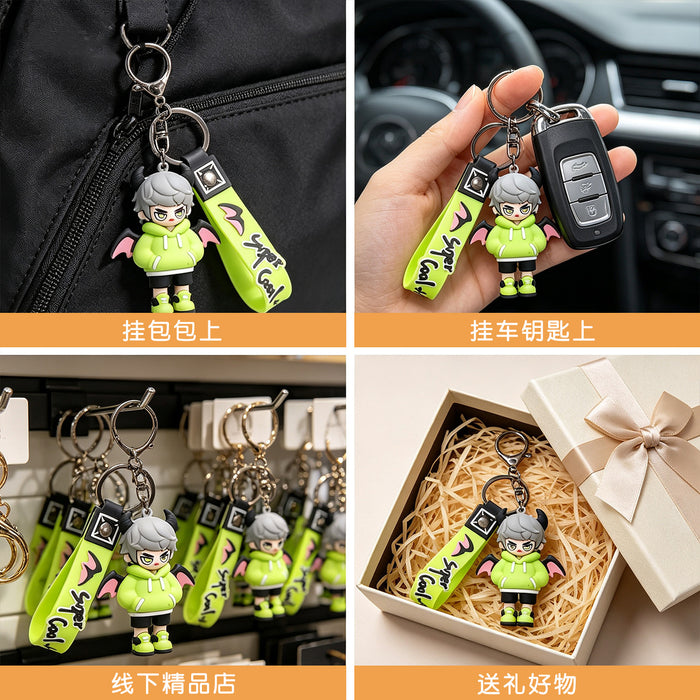 Wholesale PVC Cool Demon Boy Cartoon Keychain With Lanyard Trendy Bag Charm For Backpack Car Key Accessory Boutique Gift