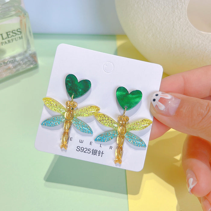 Wholesale Dragonfly Heart Acrylic   Silver Needle Earrings JDC-ES-PinHeng003