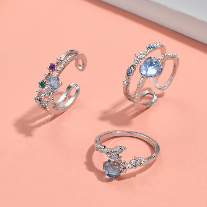 Wholesale Aquamarine Heart Moonstone Zircon Open Ring Set 3 Pieces