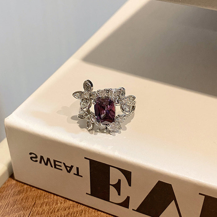 Wholesale Minimalist round bead flower ring with niche design, butterfly purple diamond layered with heart-shaped index finger ring