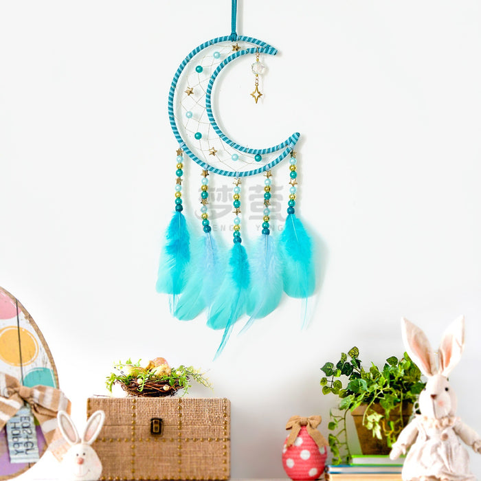 Wholesale Handmade Moon and Stars Dreamcatcher with Blue Feathers MOQ≥2