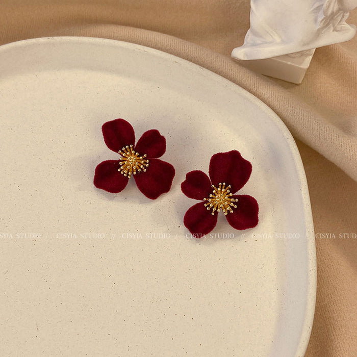 Wholesale  wine red velvet rose pearl earrings  earrings