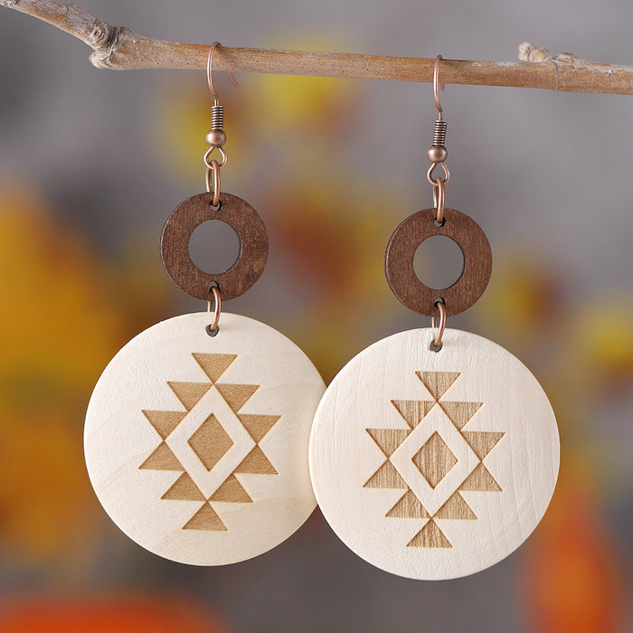 Wholesale Bohemian Western style cactus sun Aztec pattern wooden laser disc ing earrings