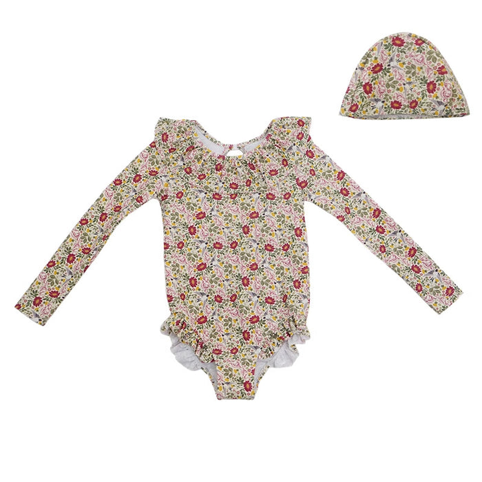 Wholesale Girls' swimsuit European style sun protection long sleeved quick drying printed children's swimsuit