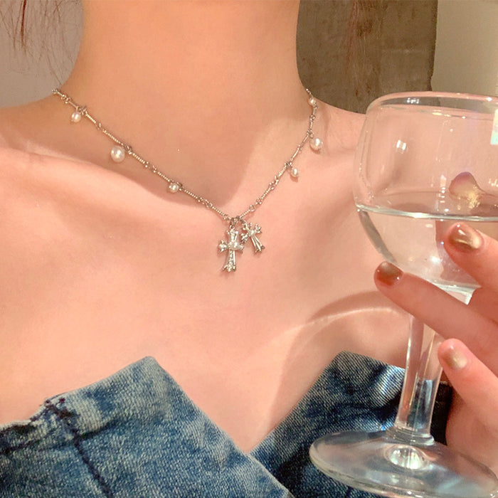 Wholesale Double-Layer Layered Cross and Pearl Choker Necklace