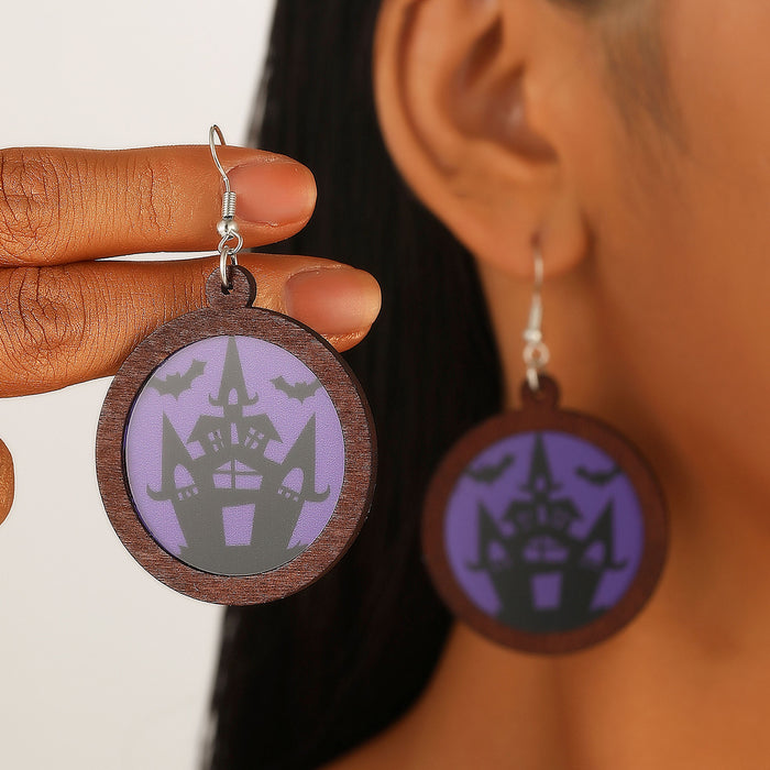 Wholesale Wooden Round Drop Earrings Castle Pumpkin Ghost Wizard Halloween Earrings