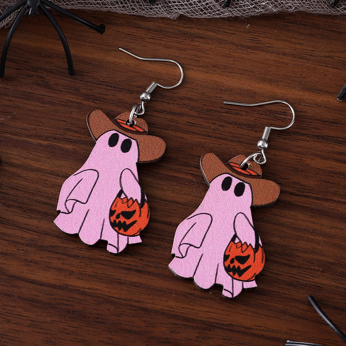 Wholesale  Western Ghost Face Pumpkin Cowboy Hat Ghost Pendant Earrings Wooden Denim Double-sided Earrings