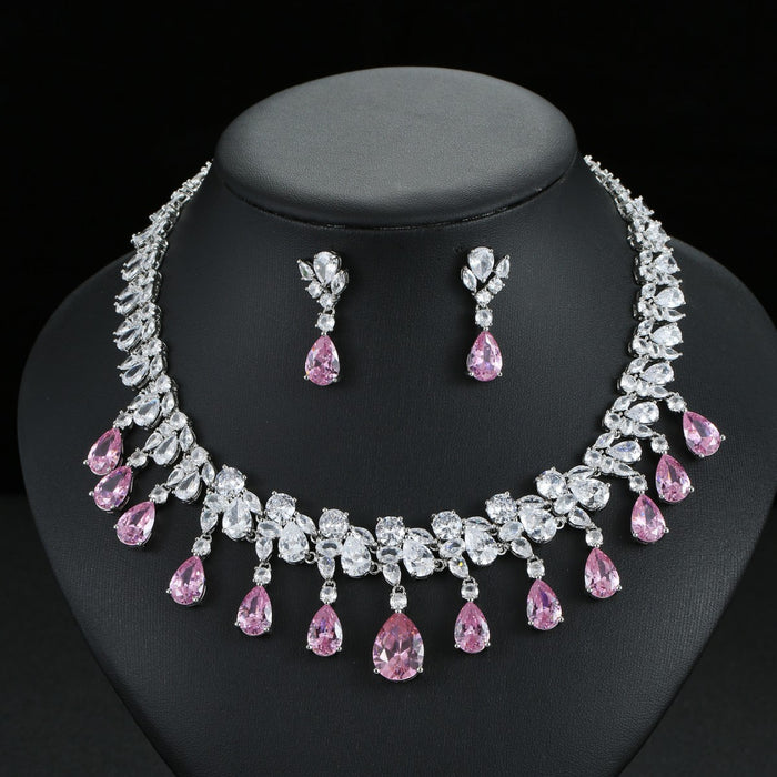 Wholesale Zircon Necklace Earrings suit Jewelry Full Diamond Water Drops Festival Wear