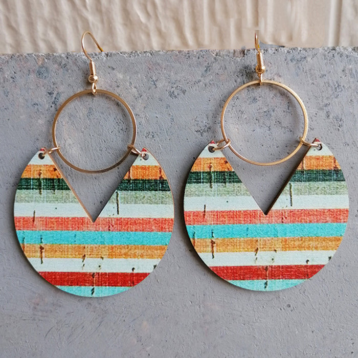 Wholesale 2pcs Blue Dyed Printed Geometric Stripes Stitching Wooden Earrings JDC-ES-HeYi113