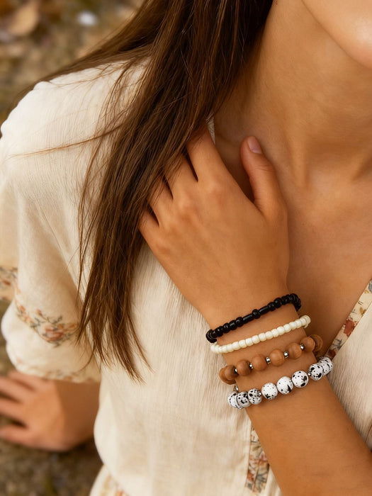 Wholesale Geometric Woven Glass Bead 5-Piece Bracelet Set Black White Jewelry Accessory MOQ≥2