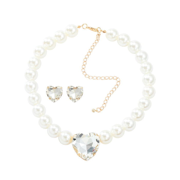 Wholesale Pearl Heart Shaped Glass Diamond Earrings Necklace Combination Set JDC-ES-JL207