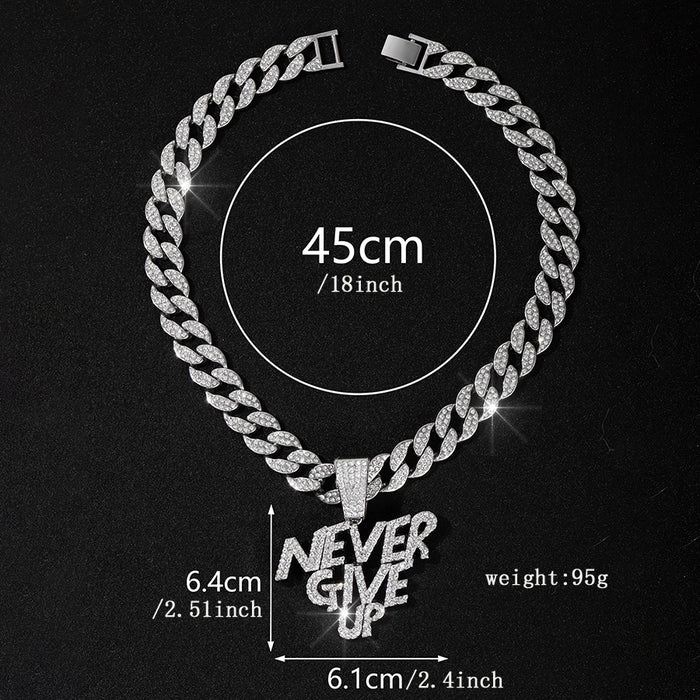 Wholesale Alloy Letter NEVERGIVEUP Punk Style Pendant Full Diamond Super Men's Cuban Chain