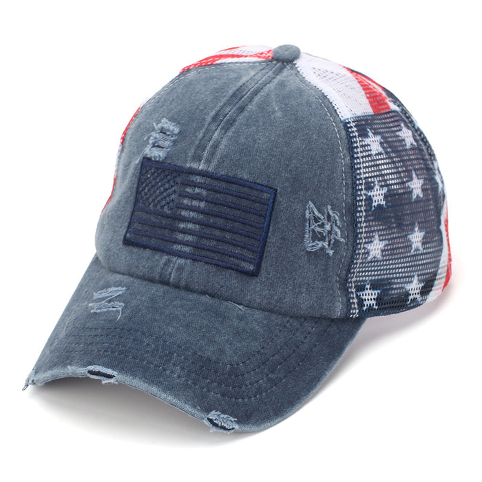 Wholesale Stylish Distressed American Flag Embroidered Children' s Baseball Cap Navy Blue Sun Protection