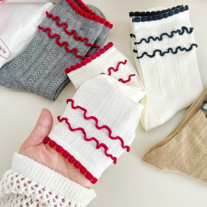 Wholesale Sock tube mesh breathable college style contrasting color lace pile sock cotton